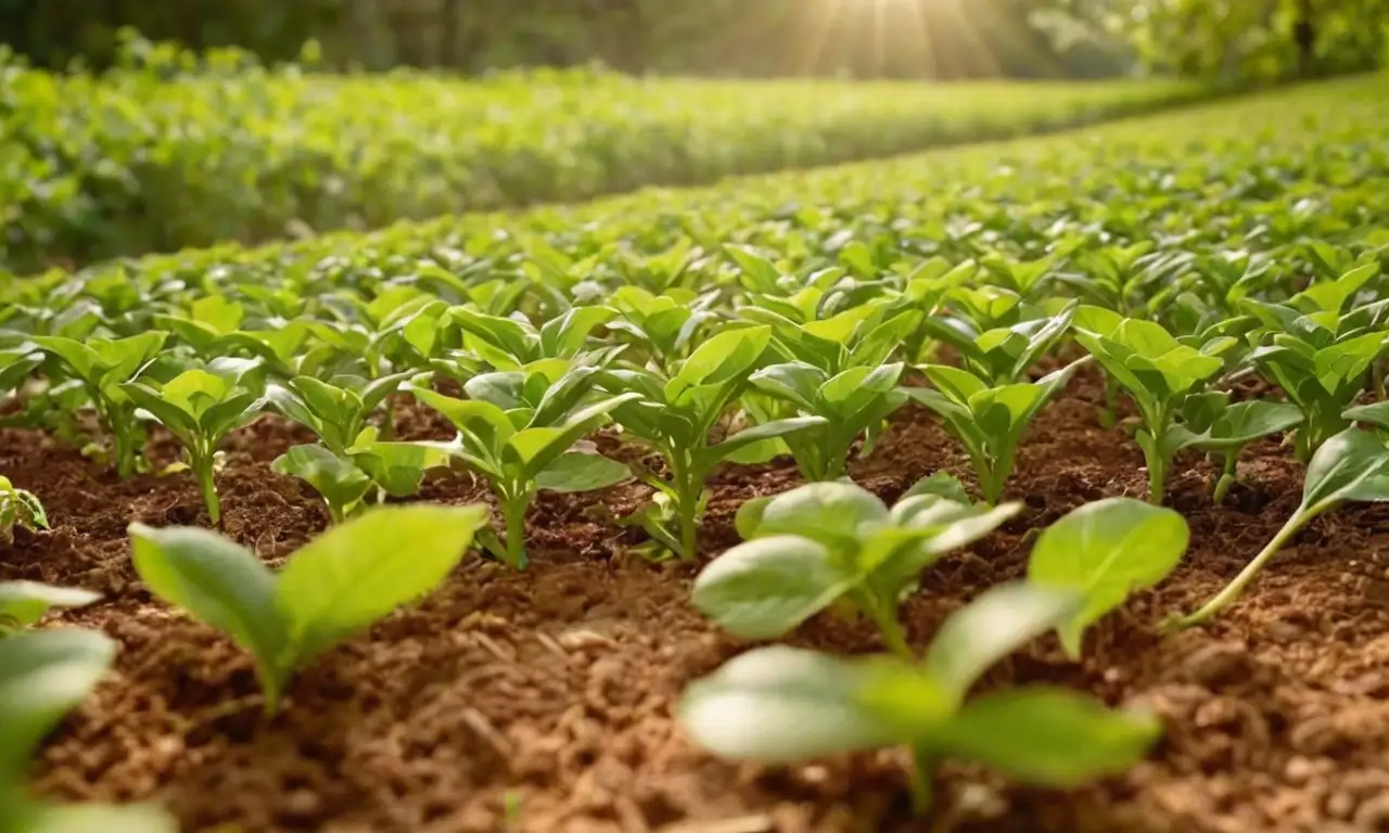 Un campo de jóvenes cafetos, bañado por el sol, con realismo y detalle