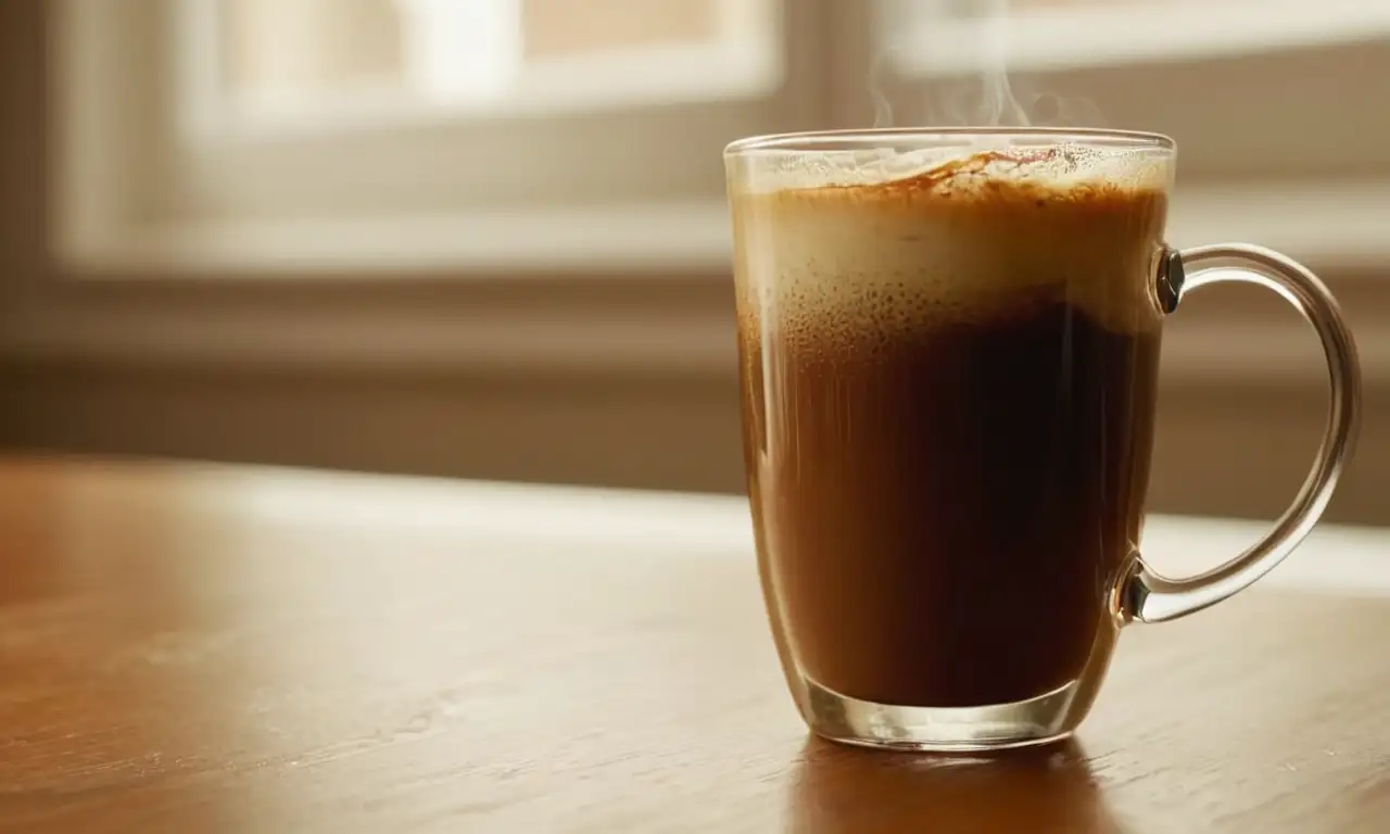 Café con leche humeante en una taza de cristal sobre una mesa de madera