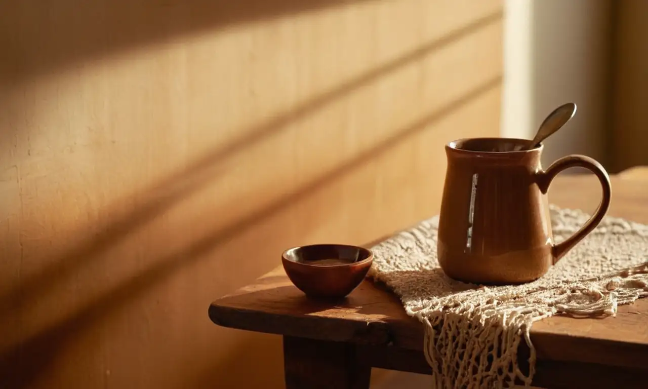 Una taza de café humeante en una mesa de madera bañada por la suave luz de la mañana