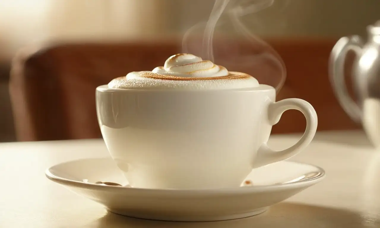 Capuchino humeante en taza blanca sobre una mesa