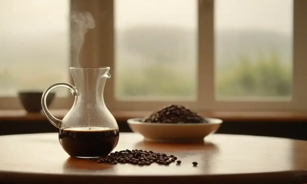 Café humeante en una jarra de cristal sobre una mesa de madera