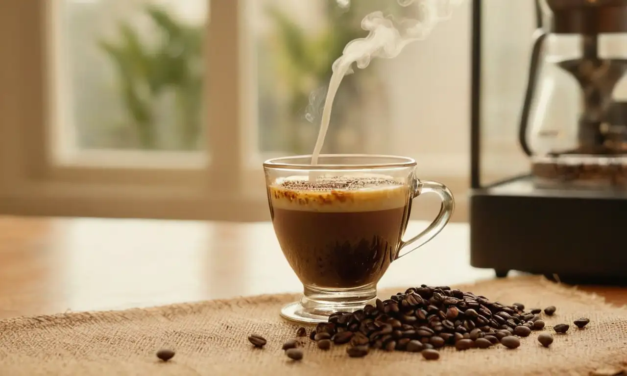 Escena cálida y realista de un café recién hecho
