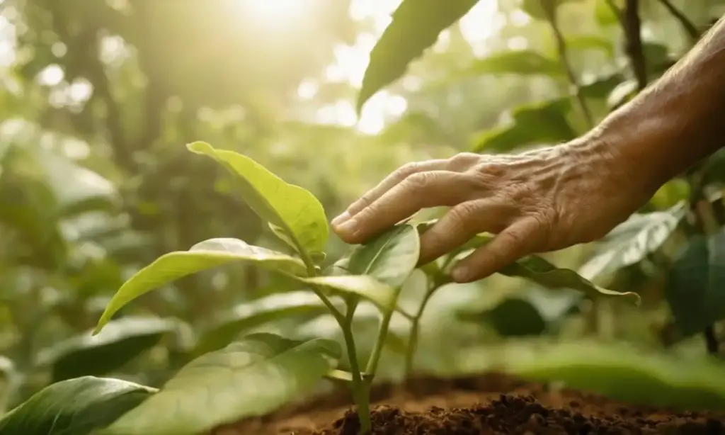 Una mano toca una planta de café en una plantación tropical