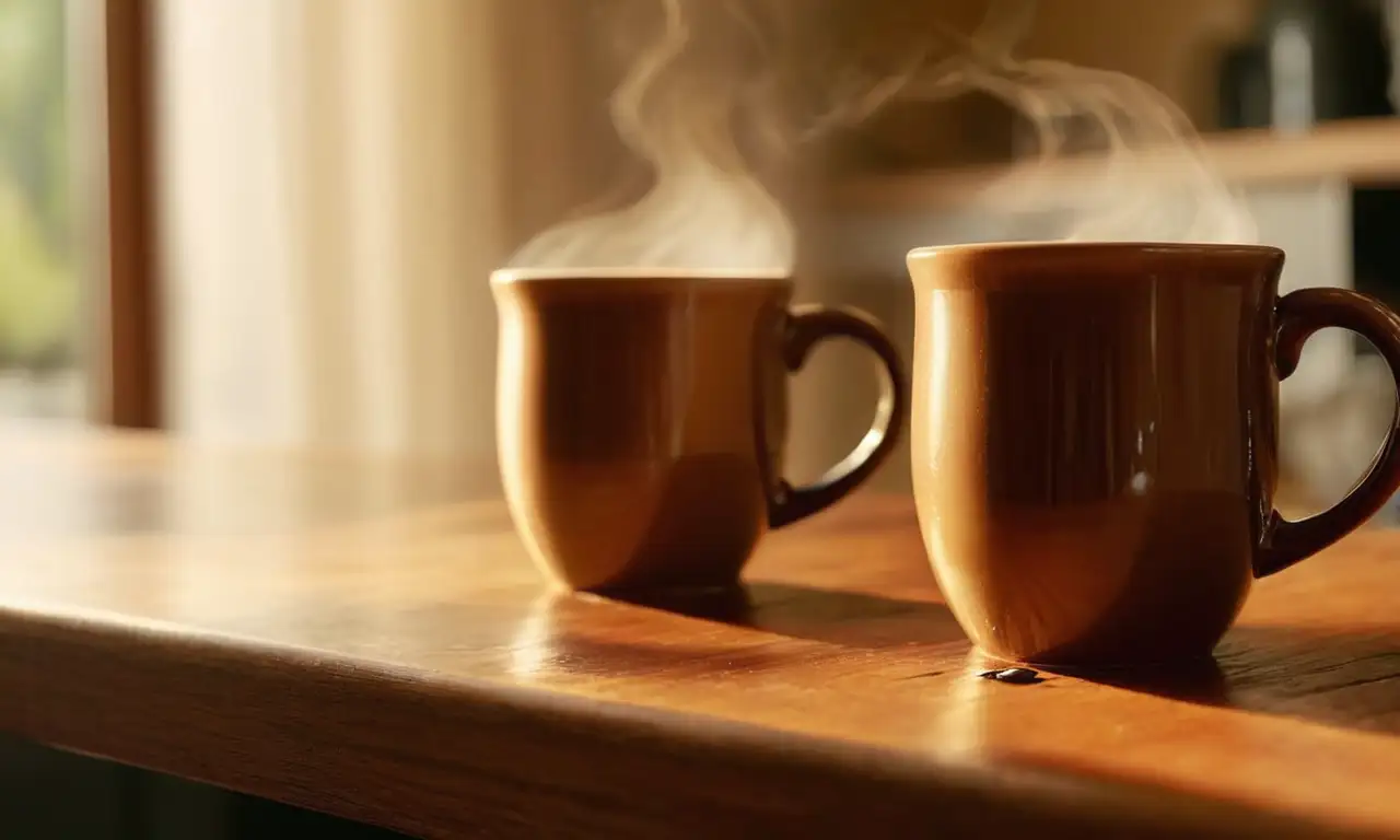Tazas de café humeantes en una acogedora escena