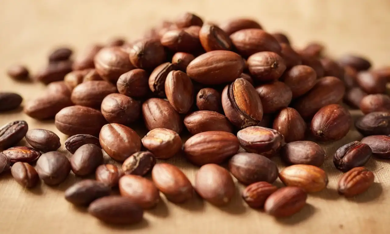 Granos de cacao tostados, realistas y con detalles naturales