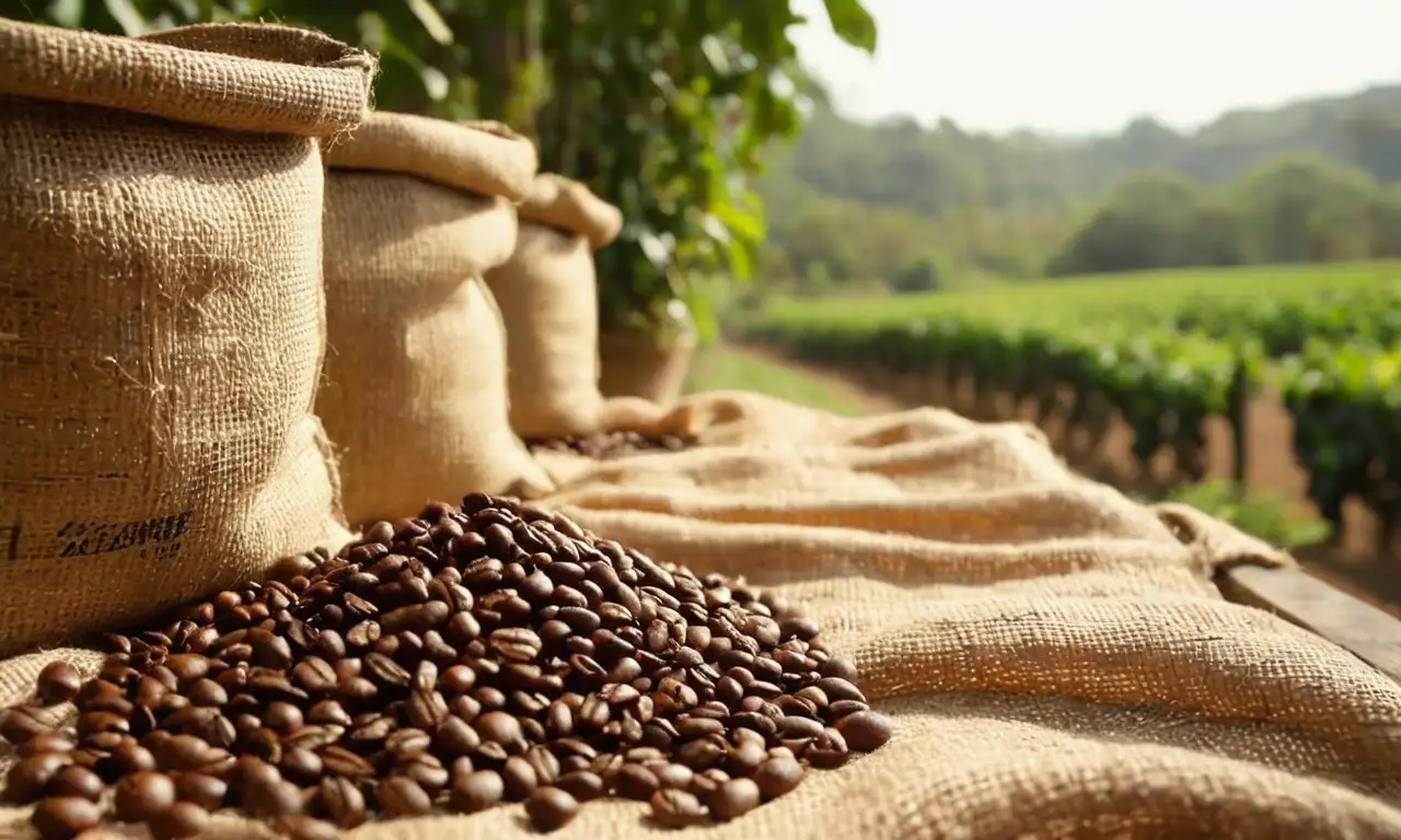 Sacos de yute rebosantes de café en una finca
