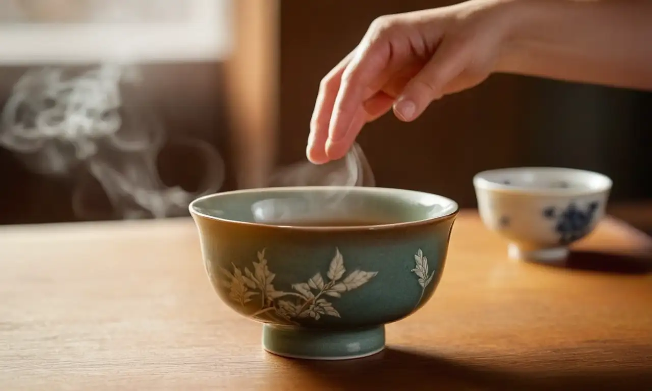 Una mano sostiene un gaiwan con té humeante en una cálida y tranquila escena