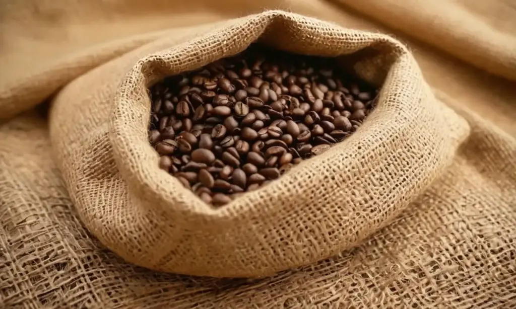 Granos de café tostado oscuro en un saco de arpillera