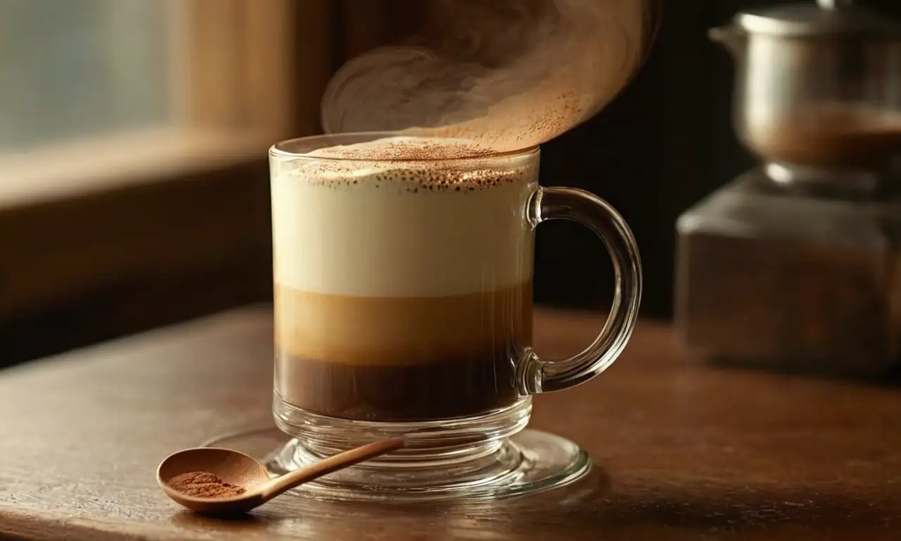Café con leche espumosa, cacao y una cuchara en una mesa de madera