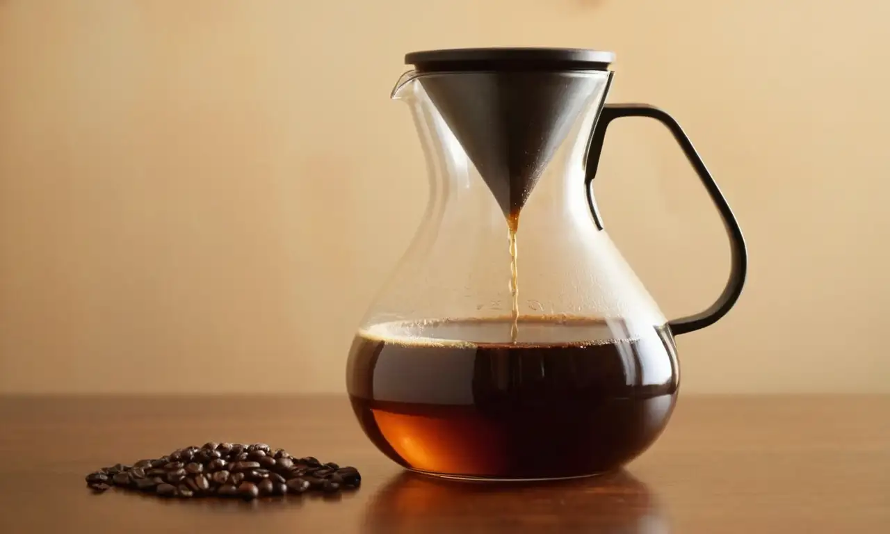 Una jarra de cristal con café recién hecho sobre una mesa de madera