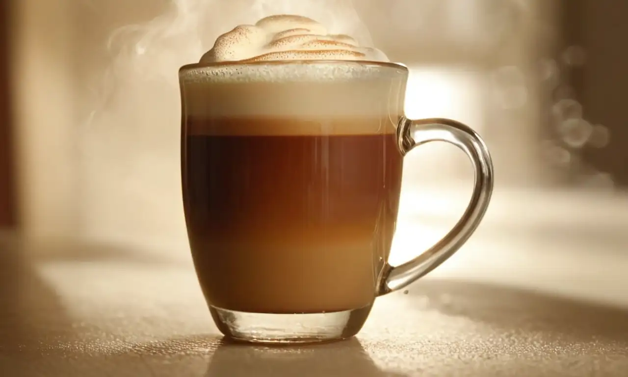 Café con leche humeante en una taza de cristal