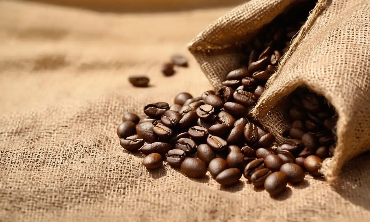 Mano sosteniendo granos de café en saco de arpillera, con luz natural y detalles realistas