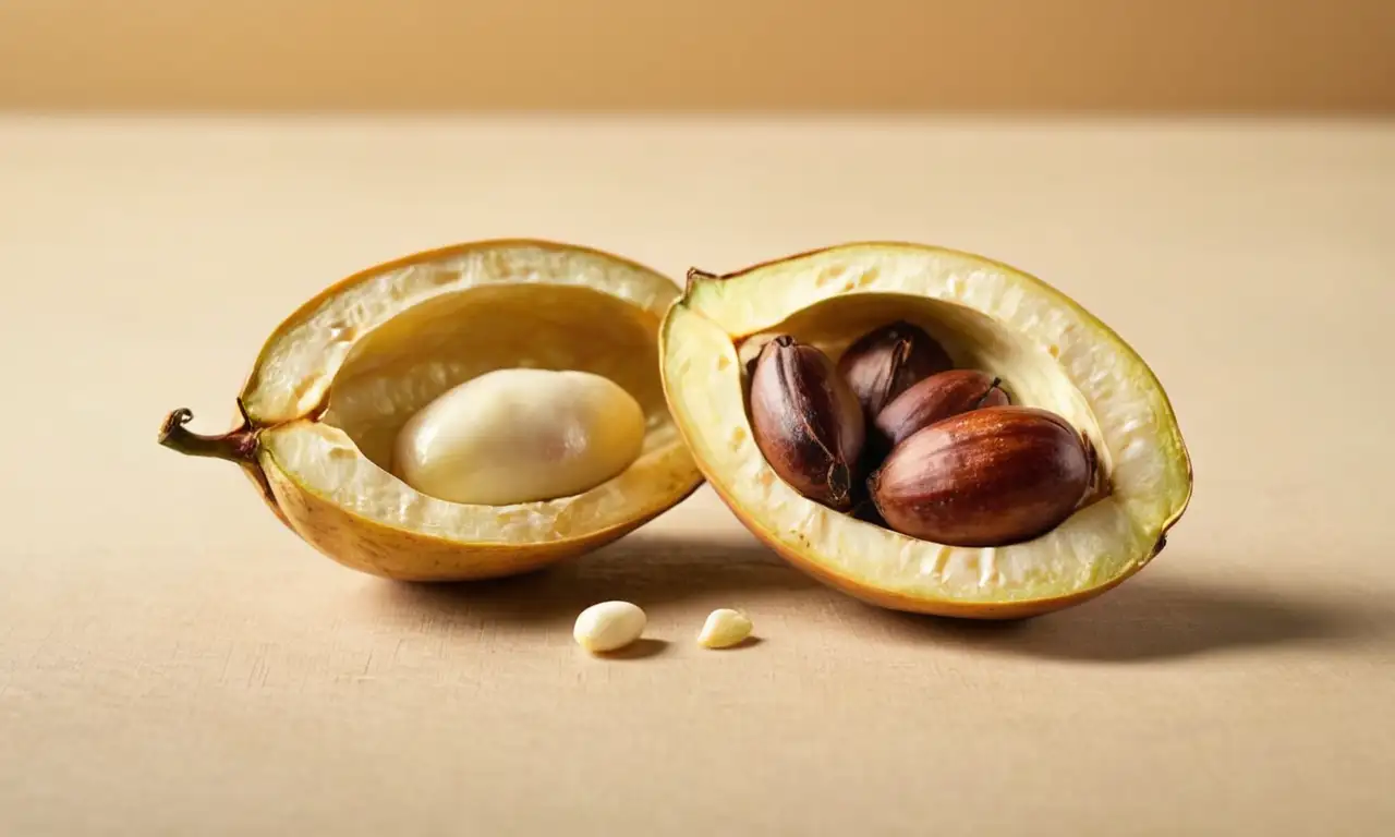 Vaina de cacao madura abierta mostrando la pulpa blanca y las semillas marrones