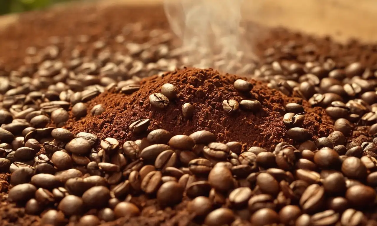 Granos de café tostados, molidos y humeantes en un molinillo