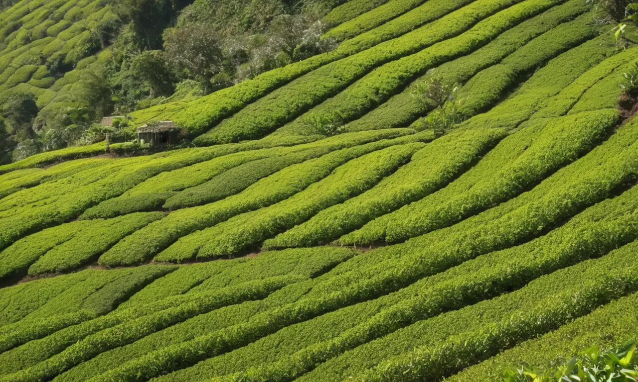 Terrazas de té verde se extienden por las laderas de una montaña brumosa
