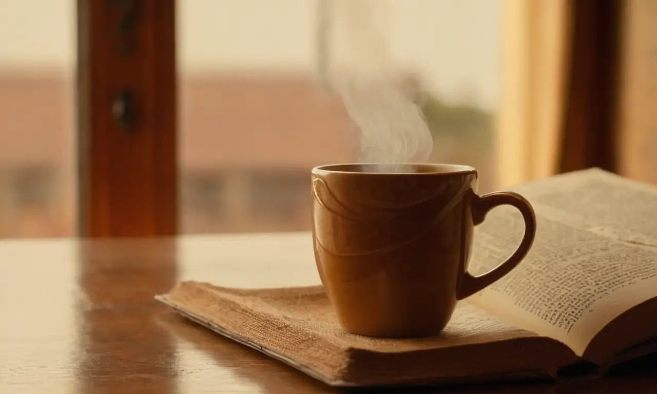 Taza de café humeante en una mesa con detalles paraguayos