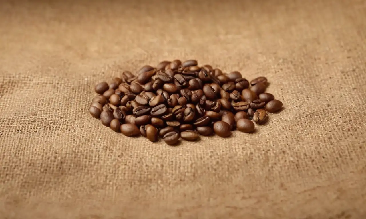 Granos de café realistas en una tela de saco
