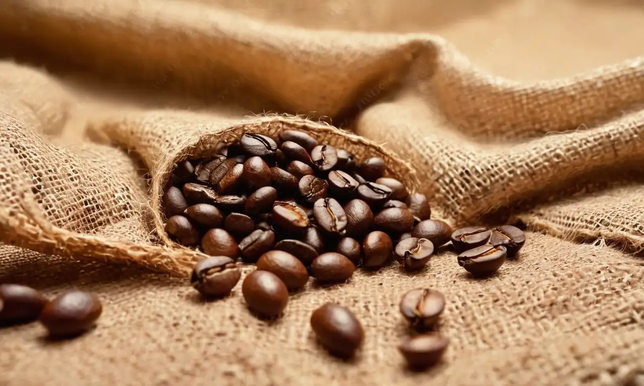 Granos de café tostado oscuro sobre arpillera