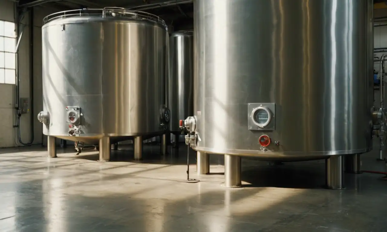 Tanques de acero inoxidable en una fábrica, con detalles realistas