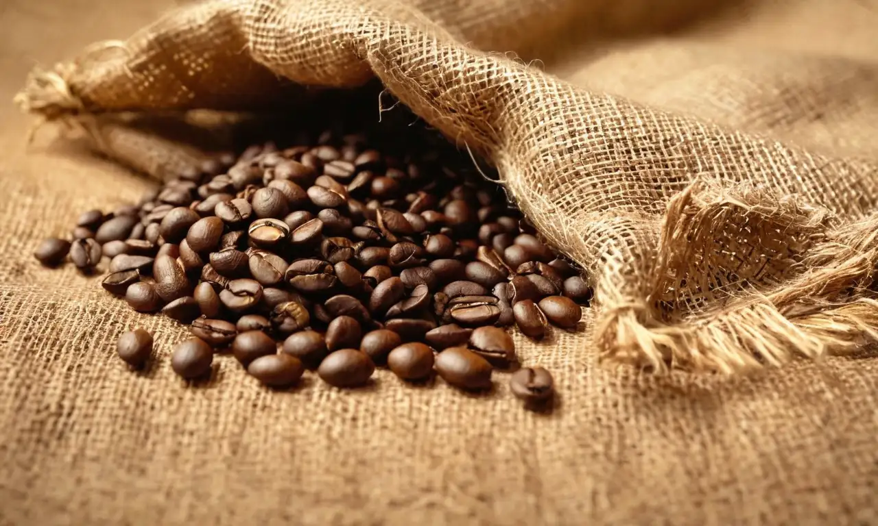 Granos de café tostado oscuro sobre una tela de saco