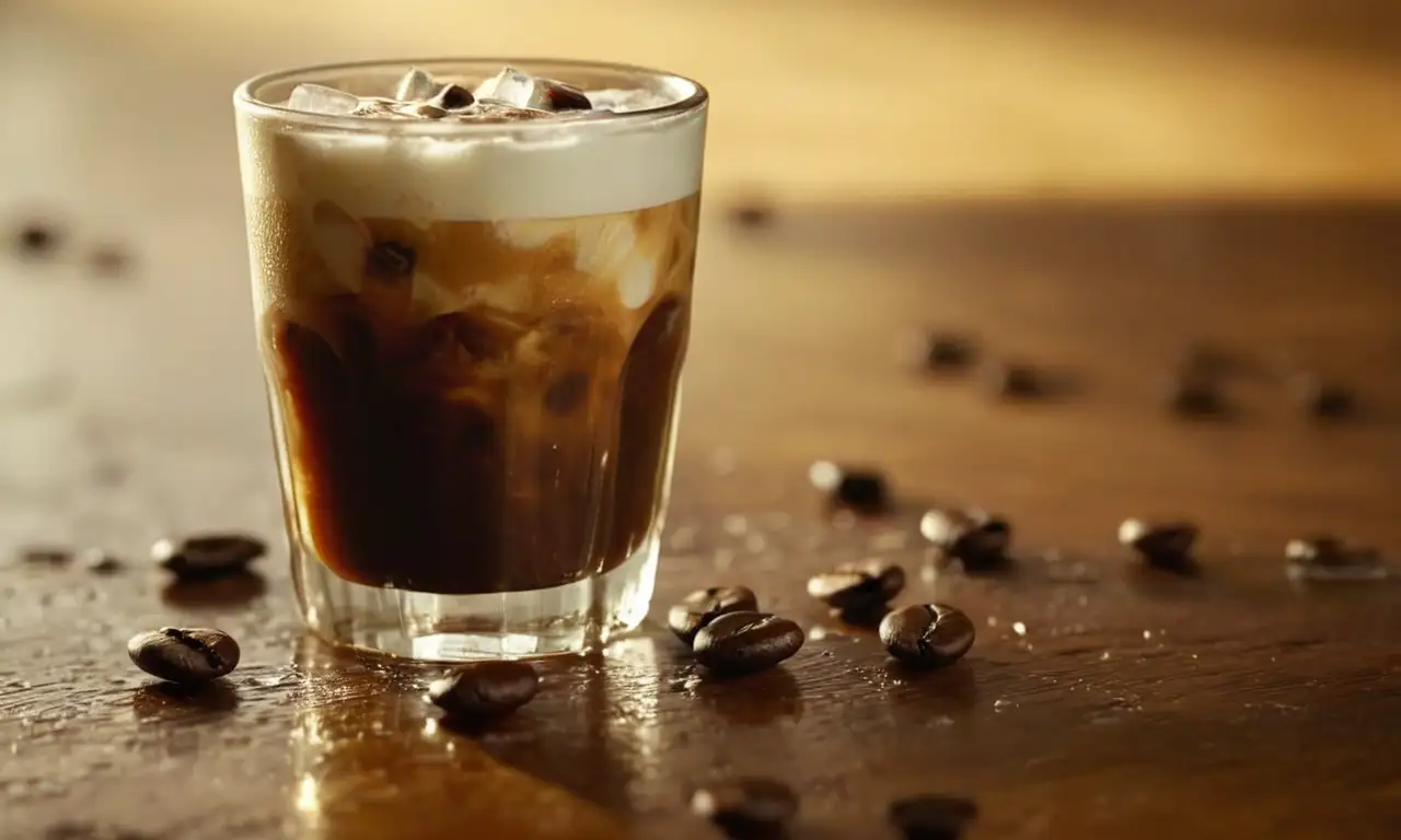 Un vaso helado de café en una mesa de madera