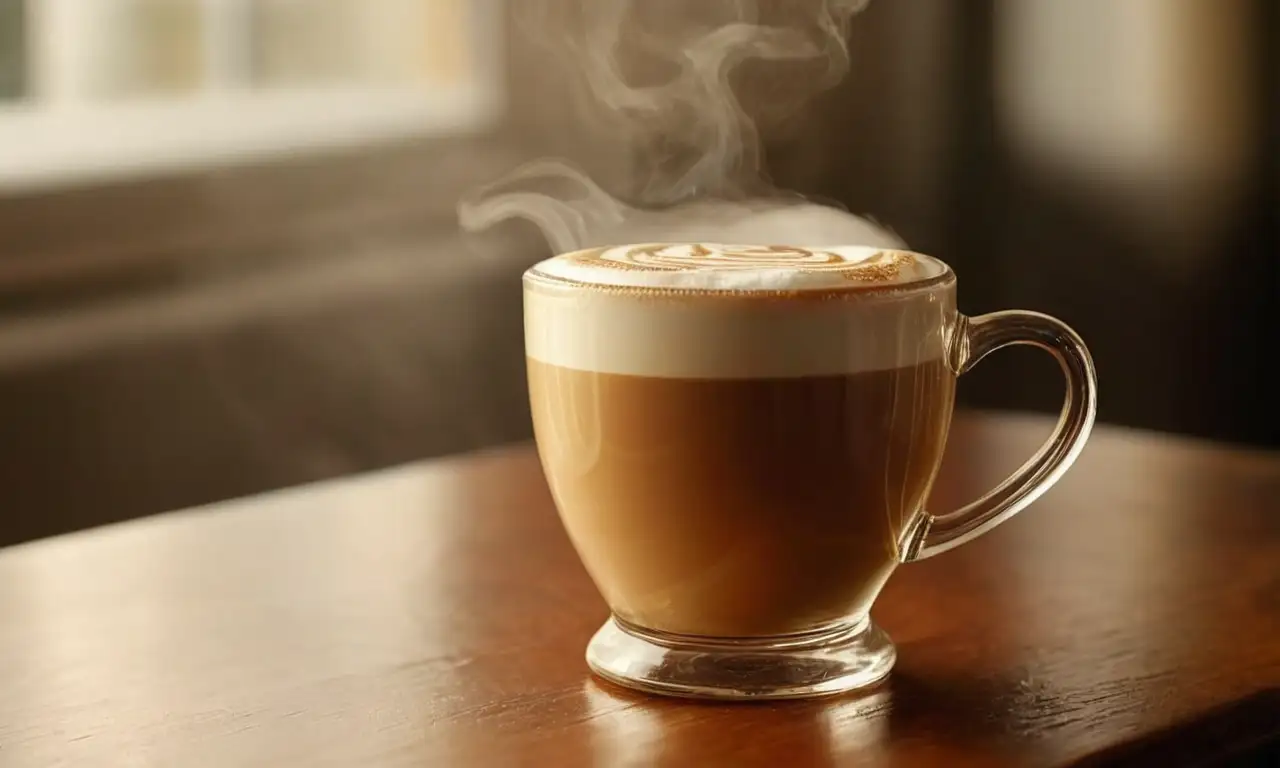 Capuchino humeante en taza de cristal sobre una mesa de madera