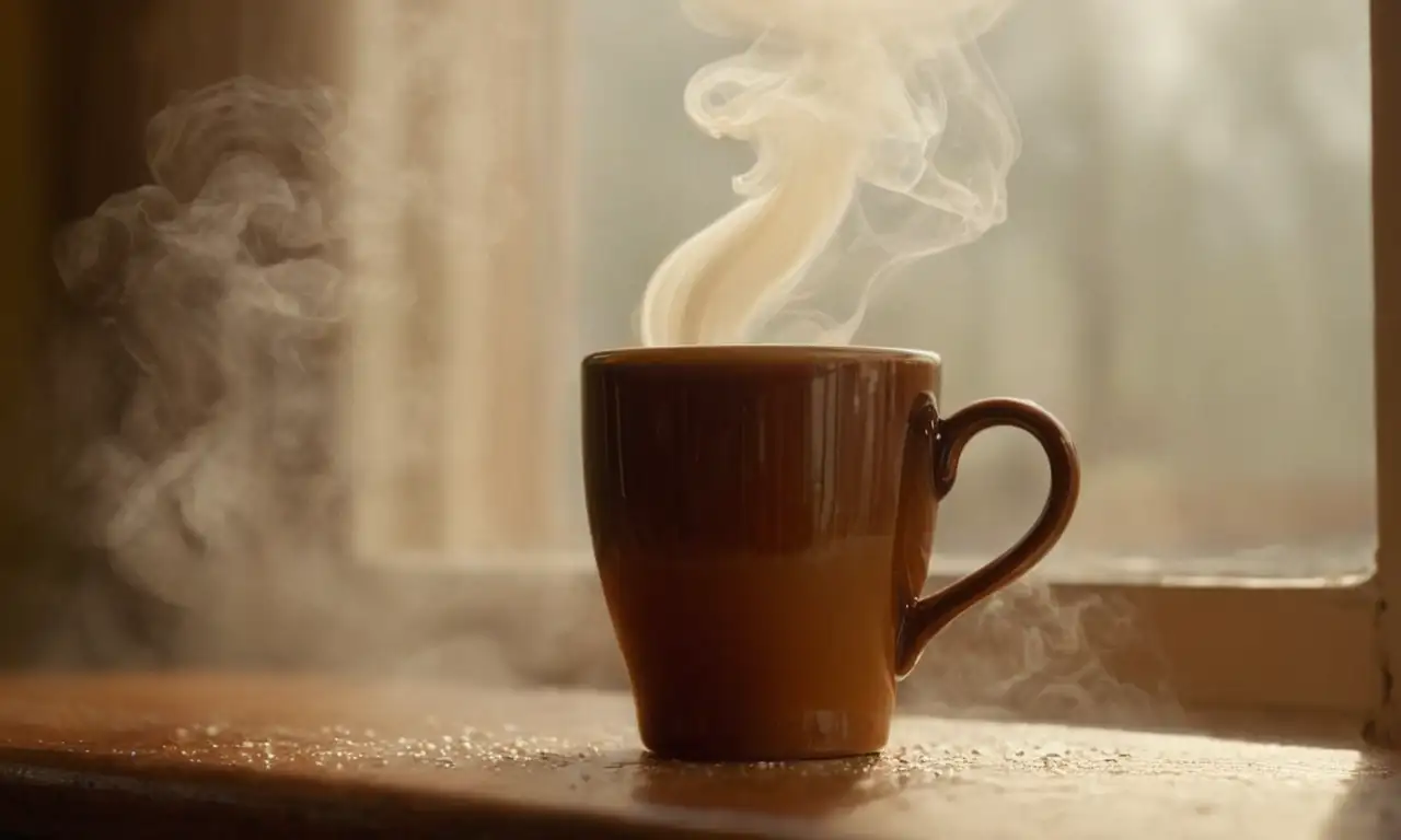 Taza de café humeante, realista y con buena iluminación