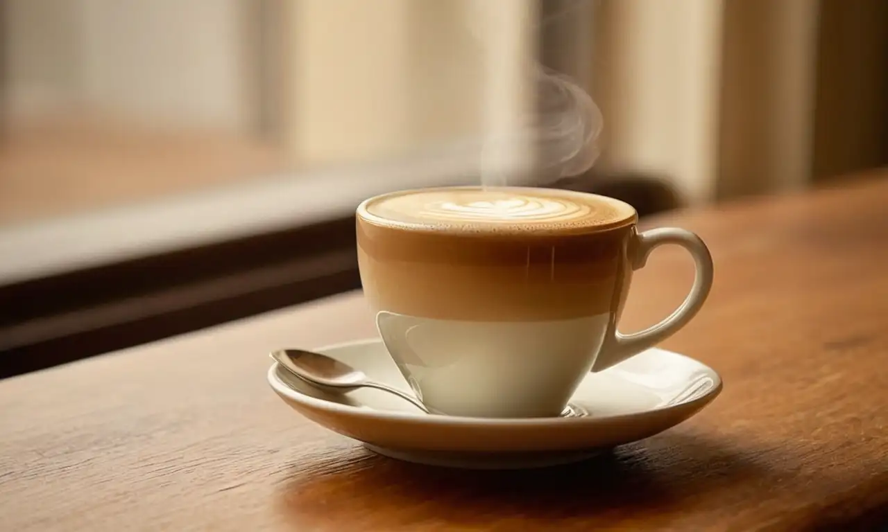 Un café con leche humeante en una taza blanca sobre una mesa de madera