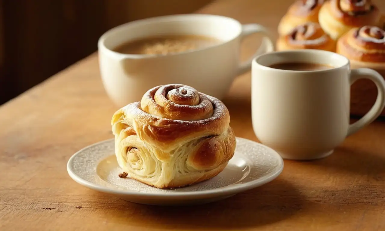 Un acogedor desayuno con café y bollos de canela sobre una mesa de madera