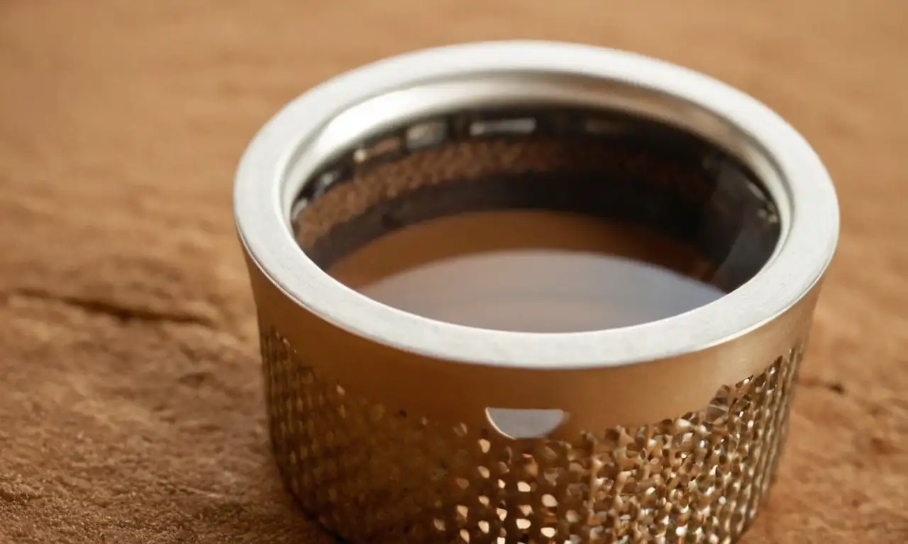 Filtros de AeroPress, uno metálico y otro de papel con café molido, bajo una cálida luz