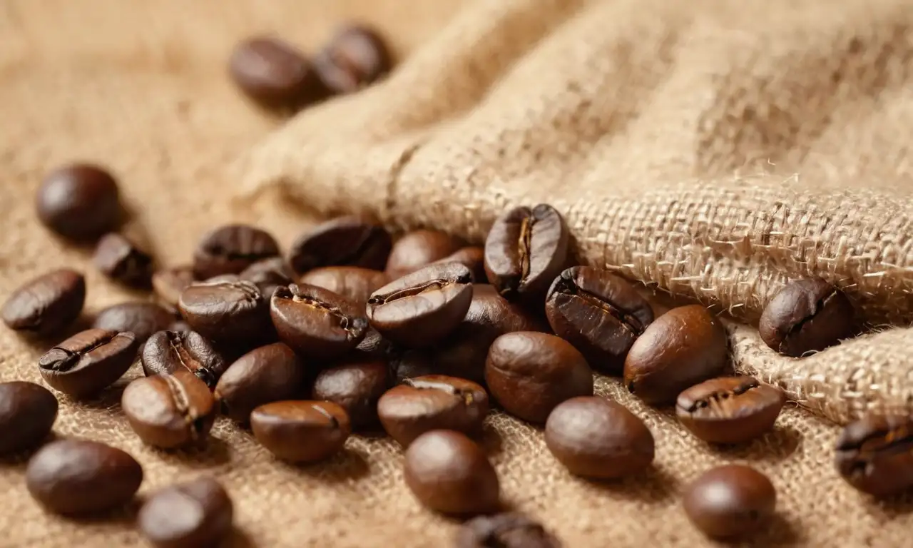 Granos de café tostado oscuro, con brillo y textura, en una composición cálida y realista