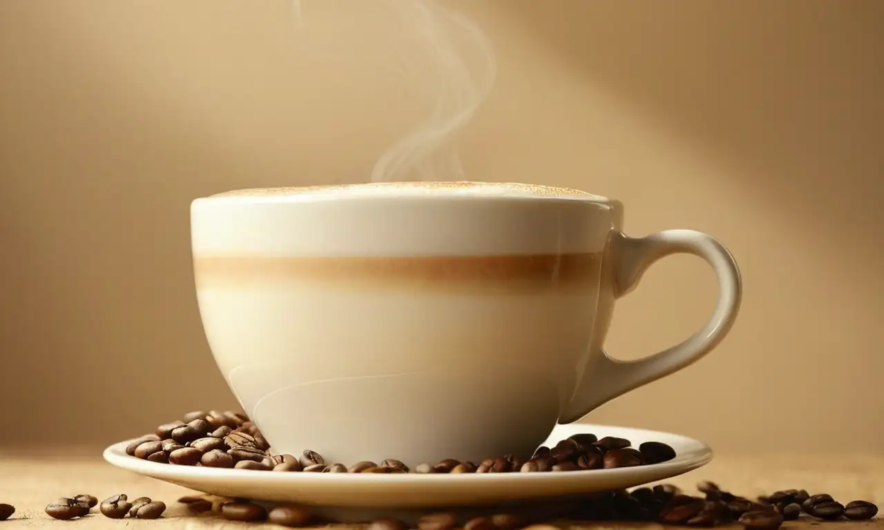 Un capuchino humeante en una taza blanca clásica, con granos de café esparcidos alrededor