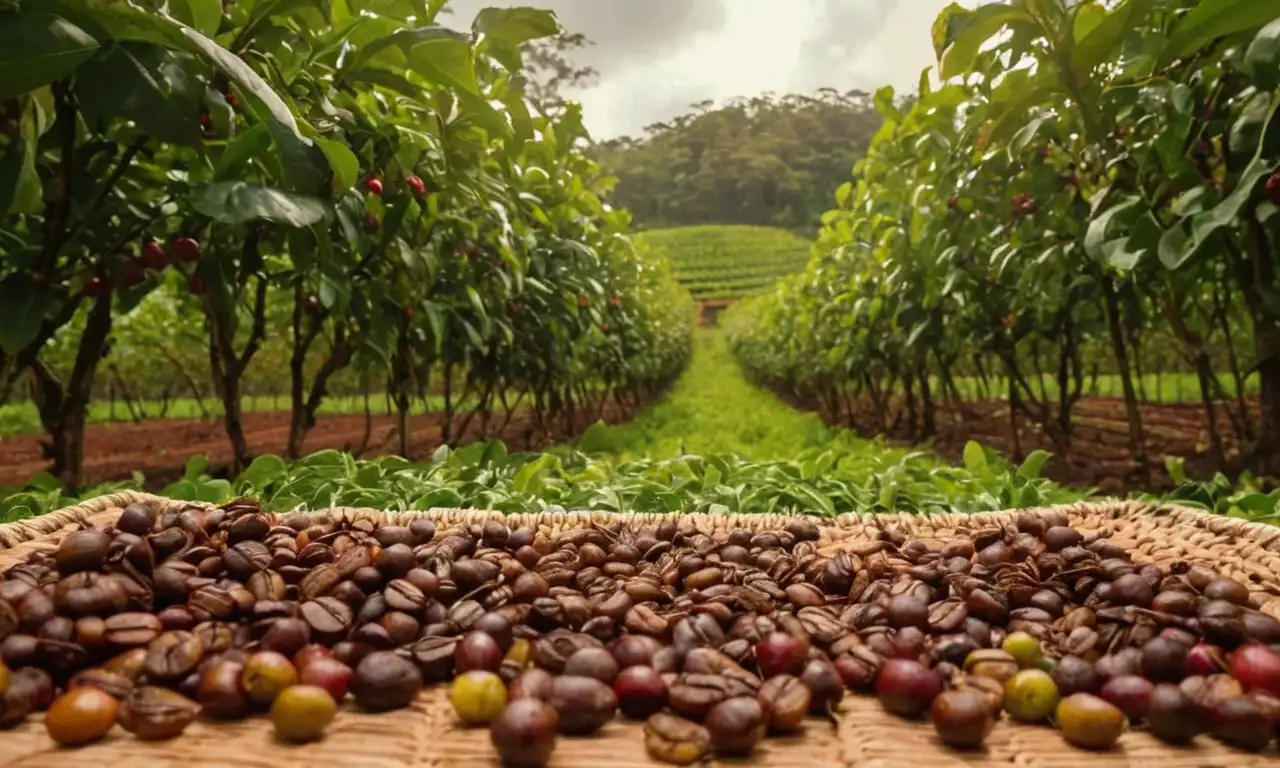 Plantación de café bañada por el sol con cerezas rojas y granos secándose