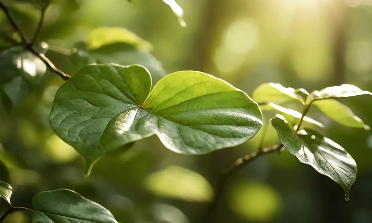 Hojas de café verdes y brillantes en primer plano, con ramas marrones al fondo