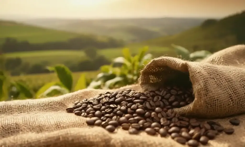 Manos arrugadas recogen granos de café en un saco bajo el sol