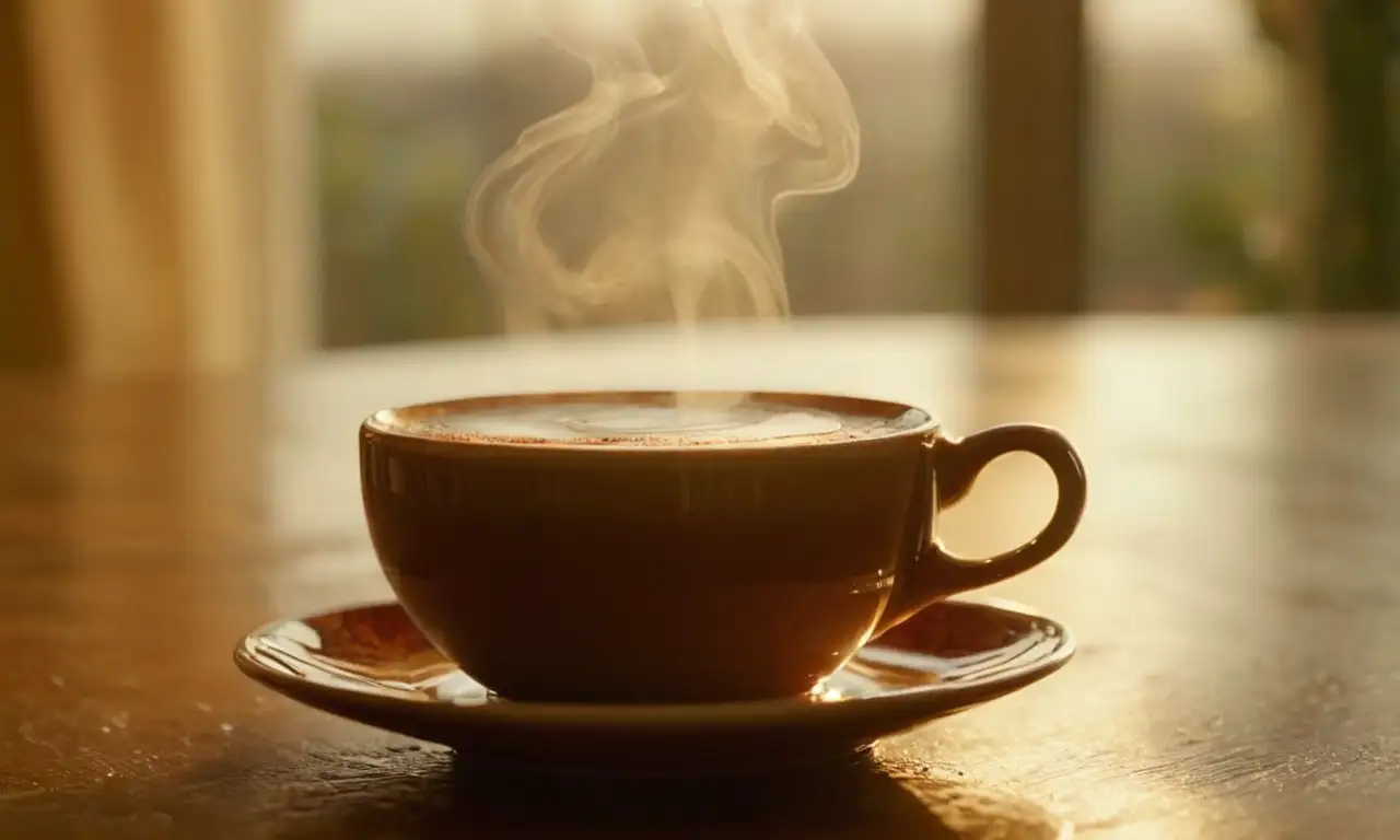 Una taza de café humeante, realista y acogedora
