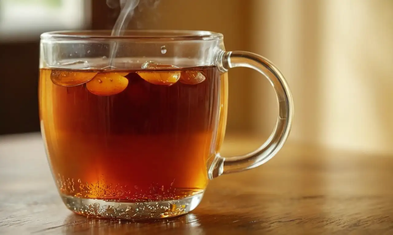 Té rojizo humeante en taza de cristal sobre mesa de madera