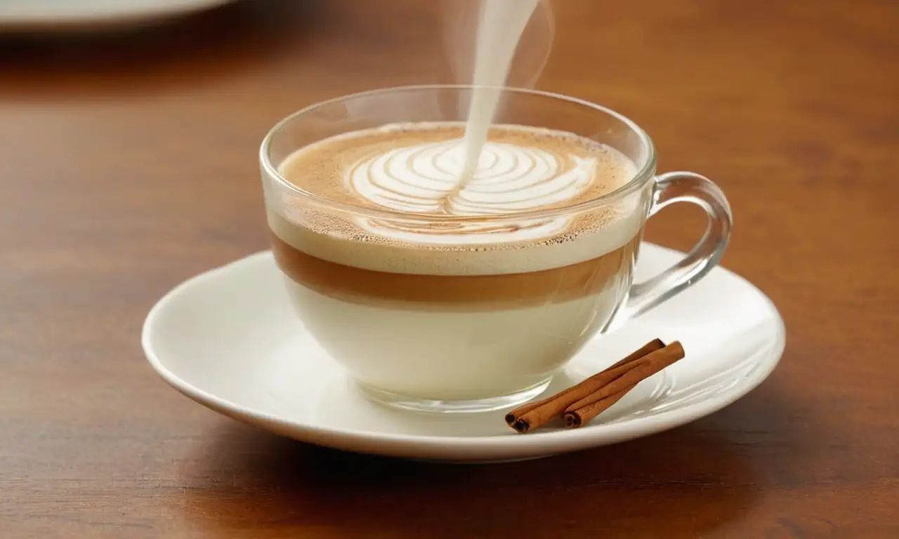 Melange vienés humeante en taza de cristal con canela