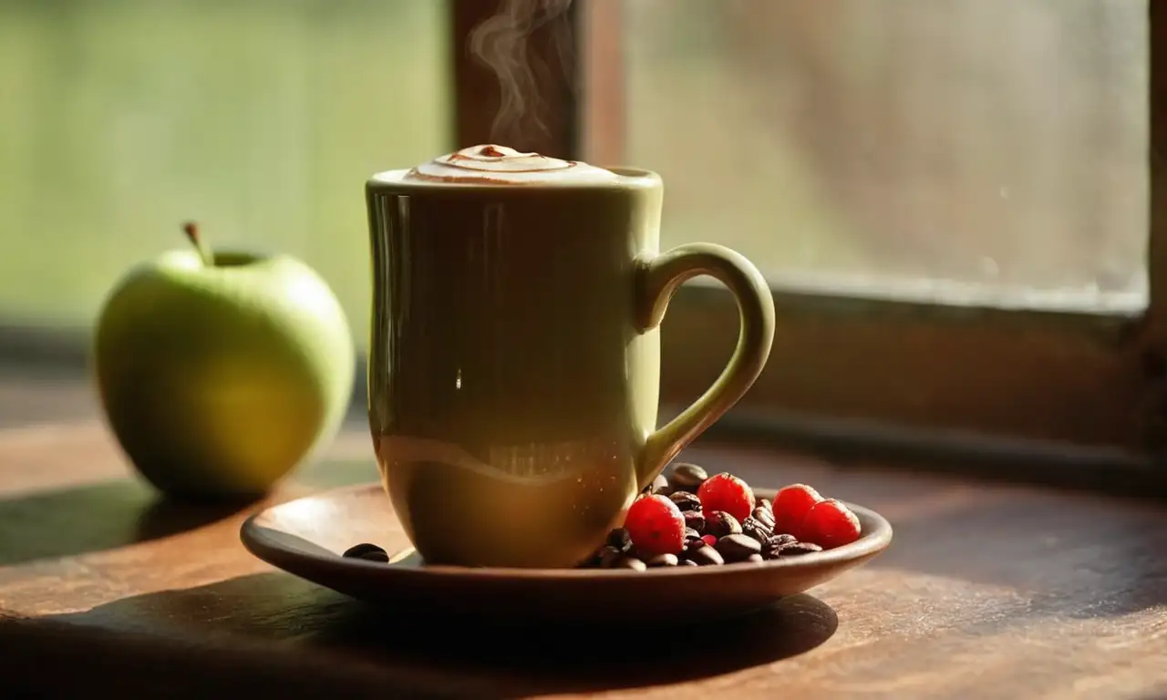 Taza humeante de café con chocolate, fruta y detalles delicados