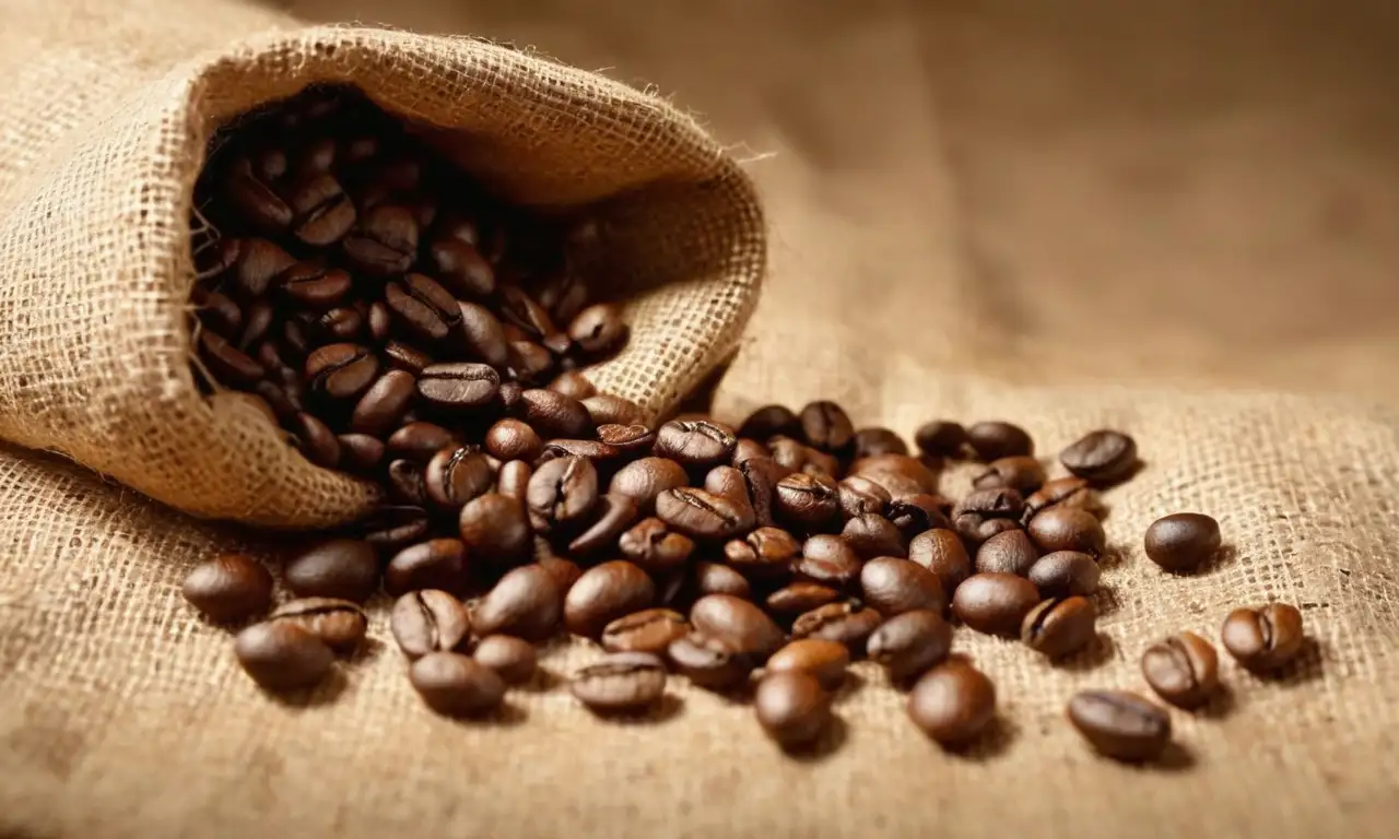Granos de café tostado oscuro en una saco de arpillera, con luz cálida y detalles realistas