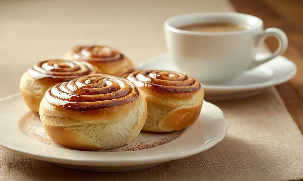 Una taza de café y un rollo de canela en una mesa acogedora y soleada