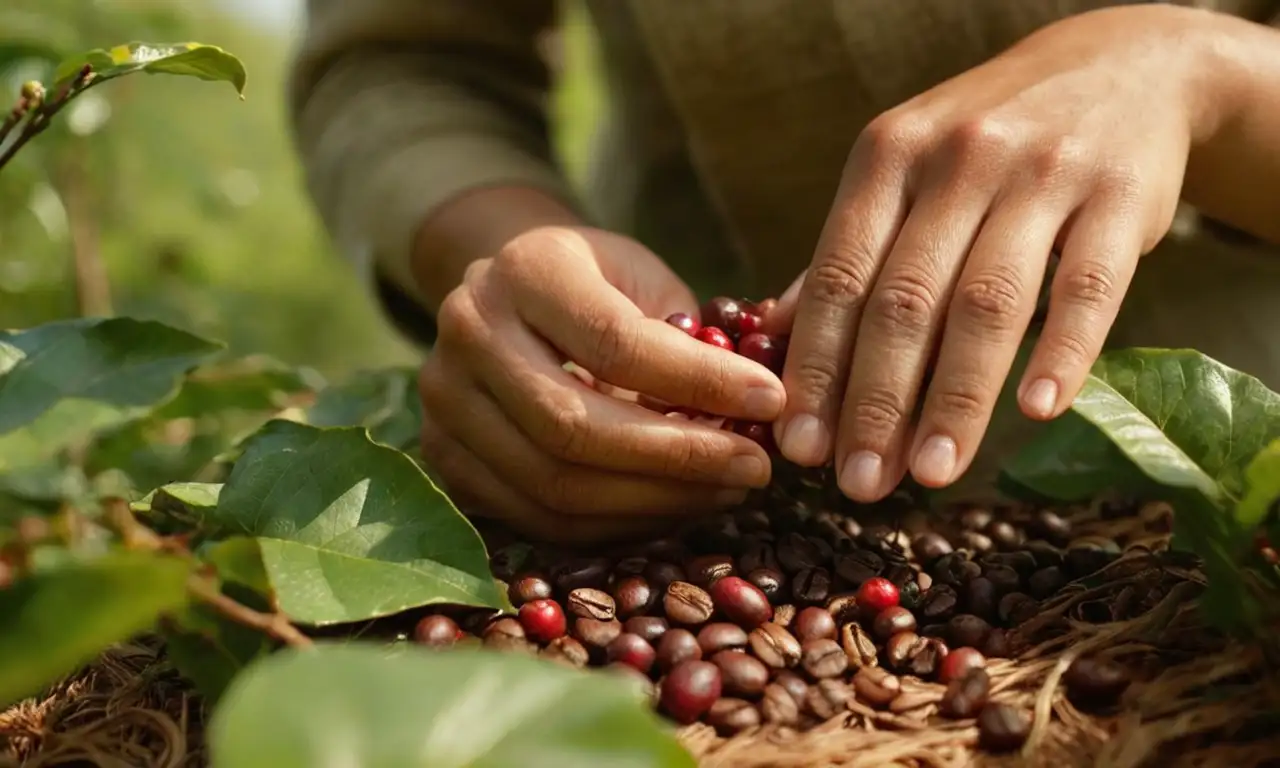 Un caficultor cosecha café en una soleada ladera
