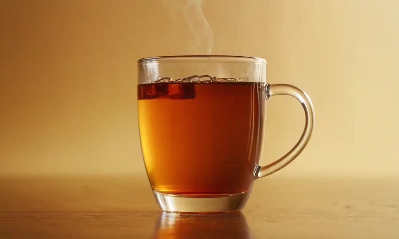 Té rojizo humeante en una taza de cristal