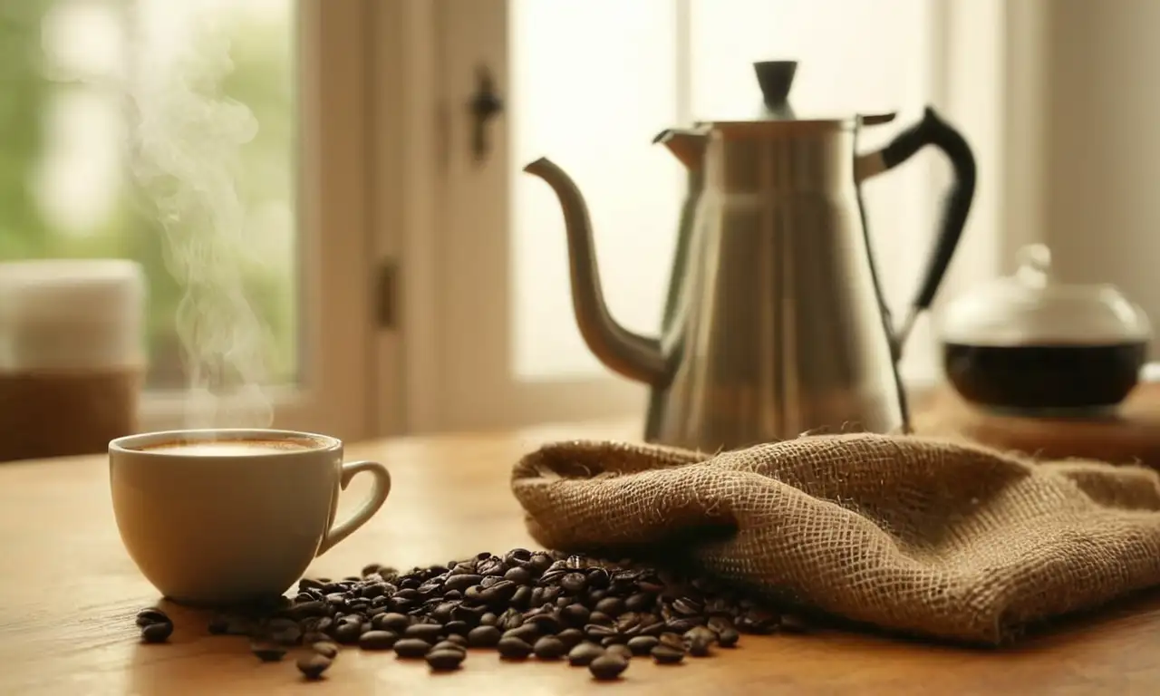 Una cafetera cromada prepara café en una mesa de madera