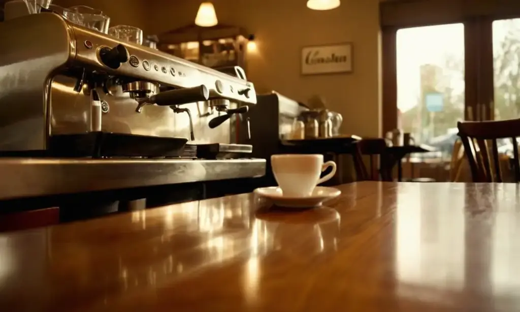 Cálida cafetería con luz suave y clientes charlando