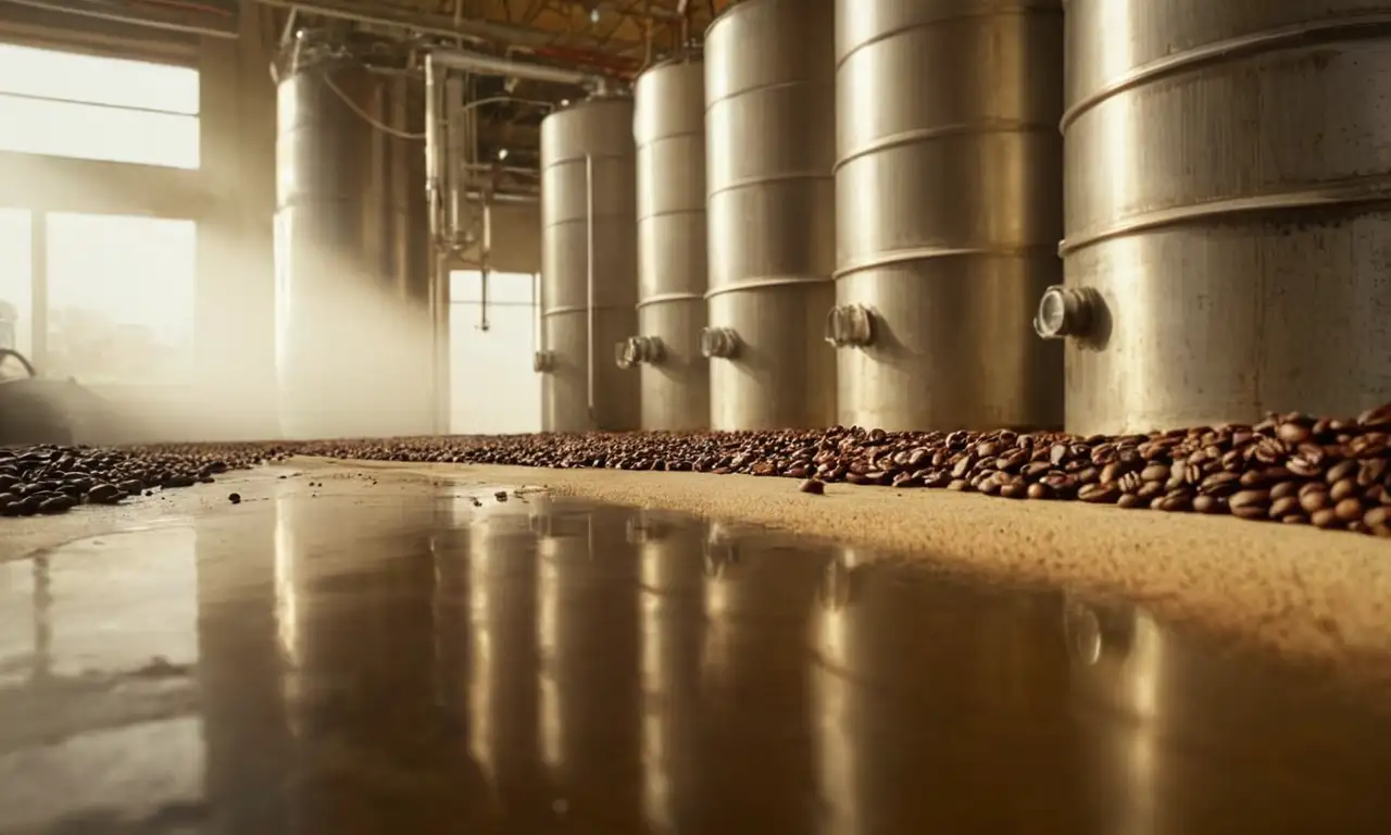 Tanques de acero inoxidable brillan, llenos de café, en una fábrica iluminada