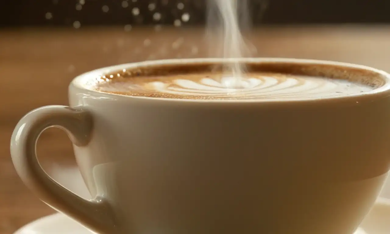 Una taza de café humeante, realista y con buen enfoque