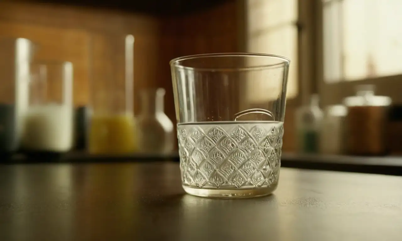 Vaso de precipitados con líquido lechoso en un laboratorio