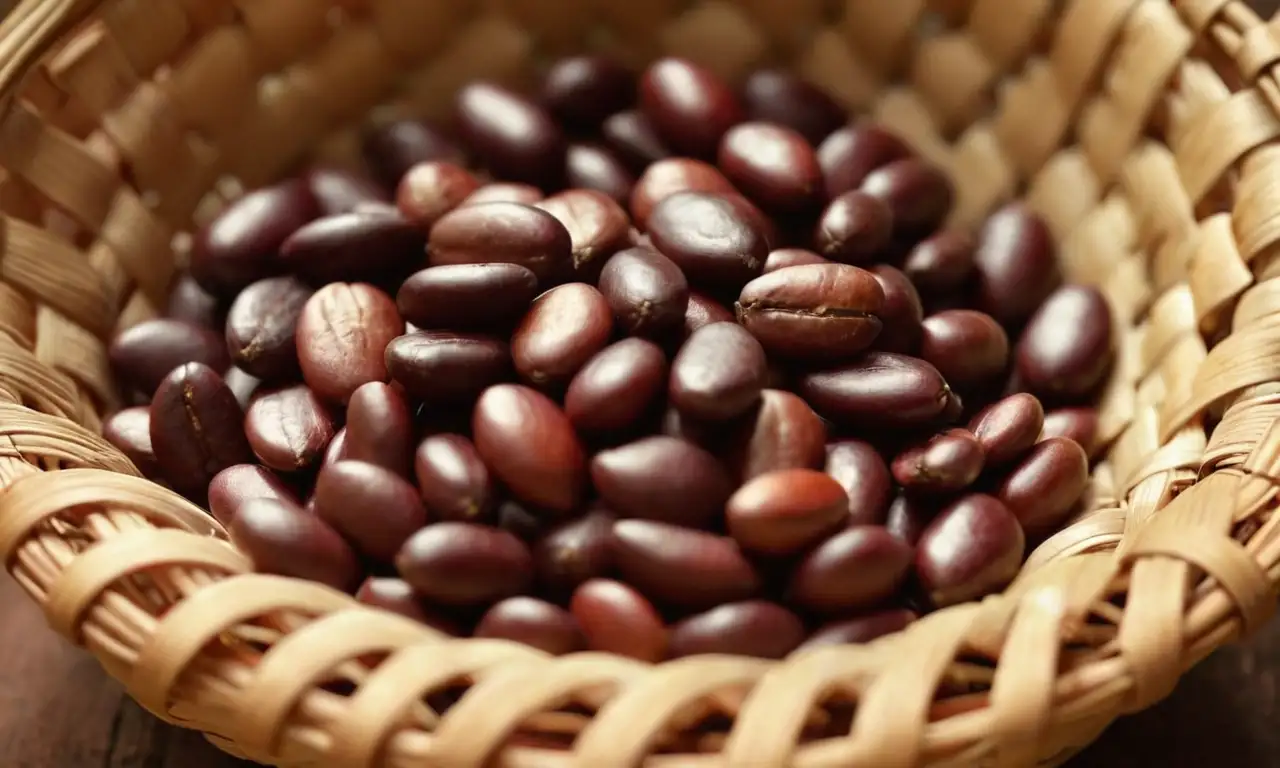 Cacao en cesta tejida, con luz cálida y detalles realistas