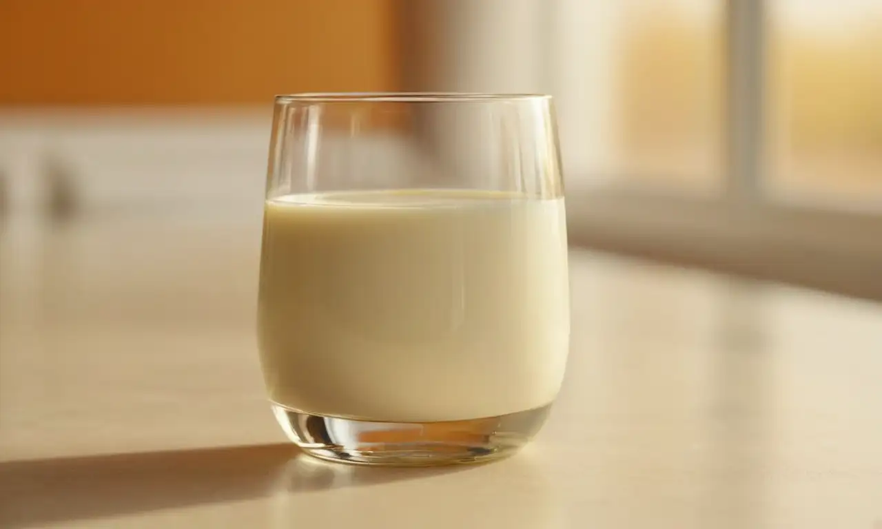 Un vaso de leche sobre una mesa